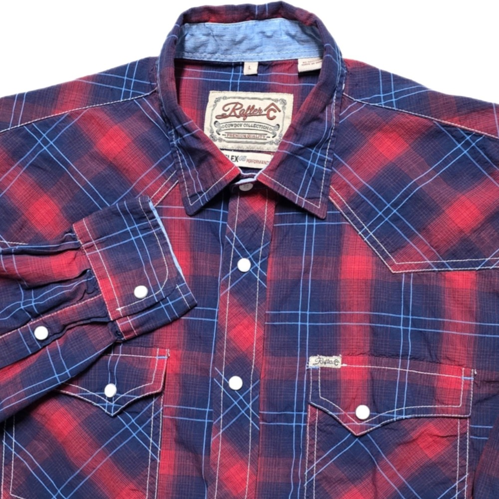 Rafter C Shirt Red Pro-Flex Performance Pearl Snap Western Mens L Blue Red Plaid - Picture 16 of 16